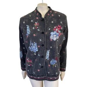 VTG DENIM&CO Heavily Embroidered Floral Denim Jacket in Washed Black SZ XL